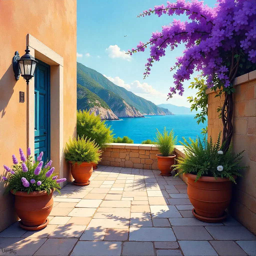 Terraza mediterránea con jardineras de terracota y lavanda