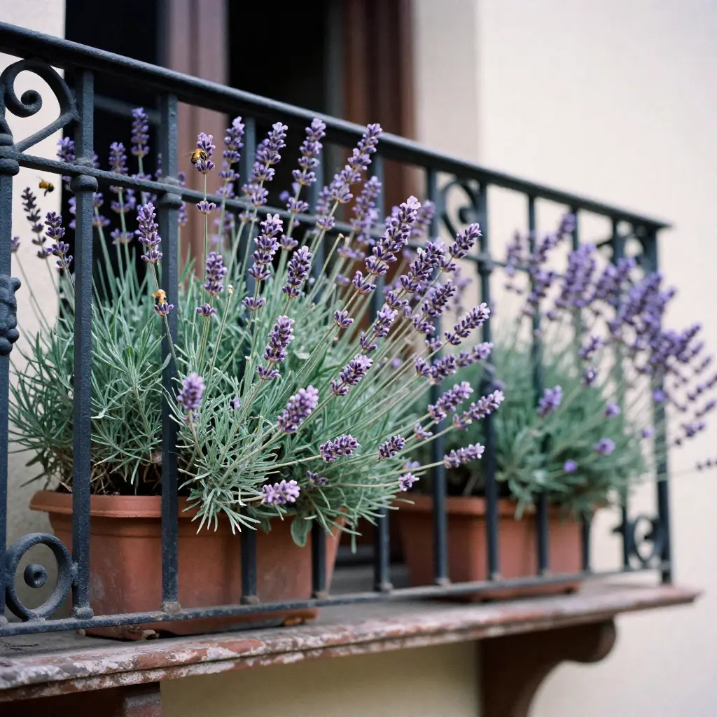 Balcón con jardineras de lavanda